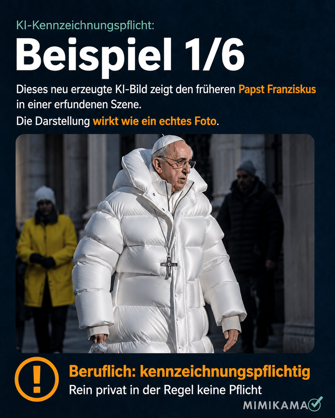 Neu erzeugtes KI-Bild von Papst Franziskus in einer weißen Daunenjacke als Beispiel für eine reale Person in einer erfundenen Szene.