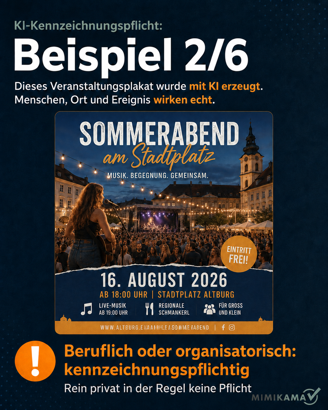 KI-generiertes Veranstaltungsplakat für einen erfundenen Sommerabend auf einem Stadtplatz.