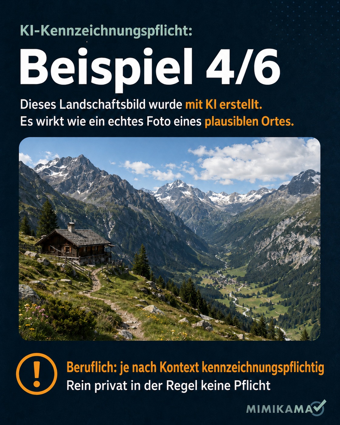 Fotorealistische KI-Landschaft mit Berghütte und Alpenpanorama als Beispiel für einen plausibel wirkenden Ort.
