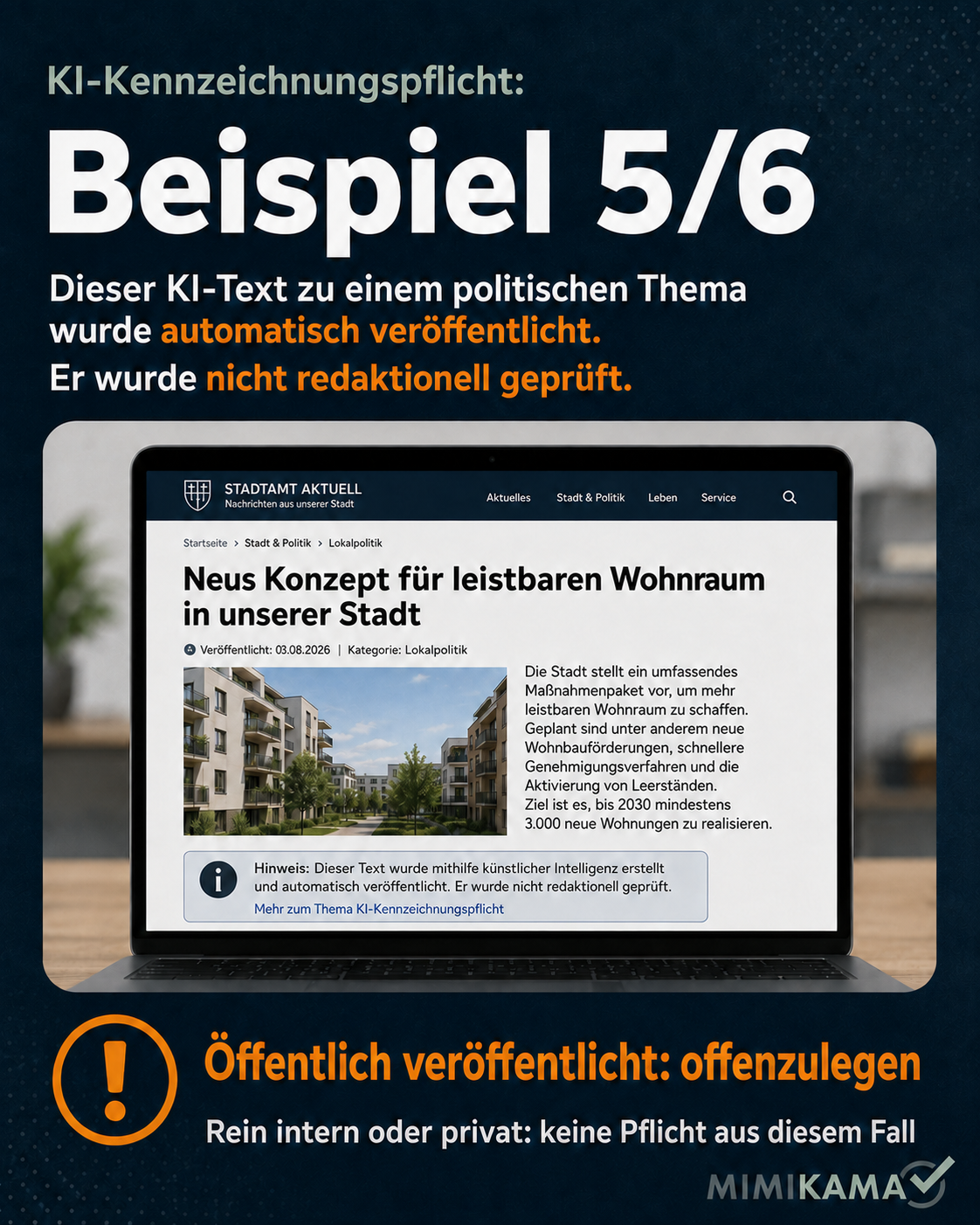 Mockup eines automatisch veröffentlichten KI-Artikels über kommunale Wohnbaupolitik.