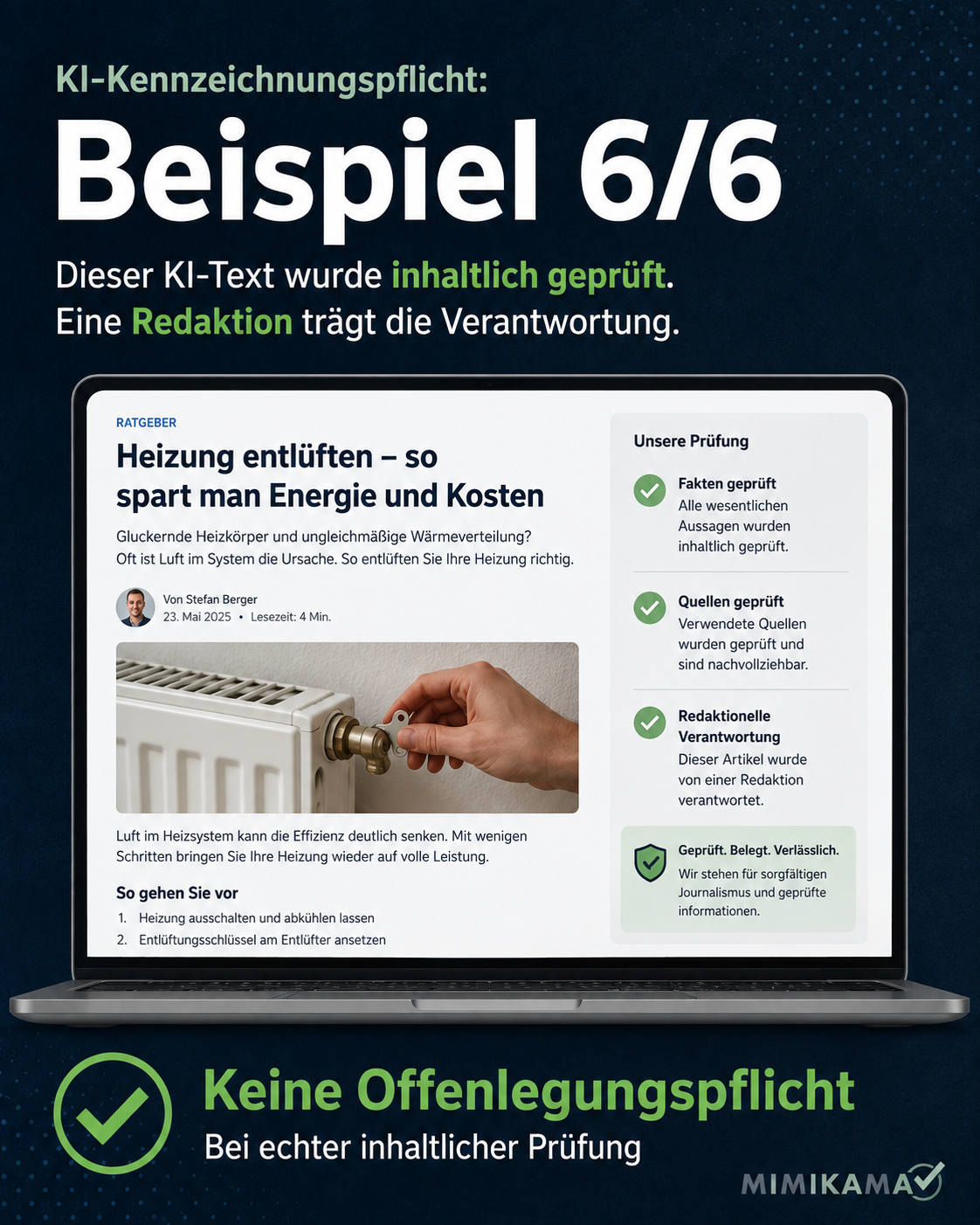 Mockup eines geprüften Ratgeberartikels mit Fakten-, Quellen- und Verantwortungsprüfung.