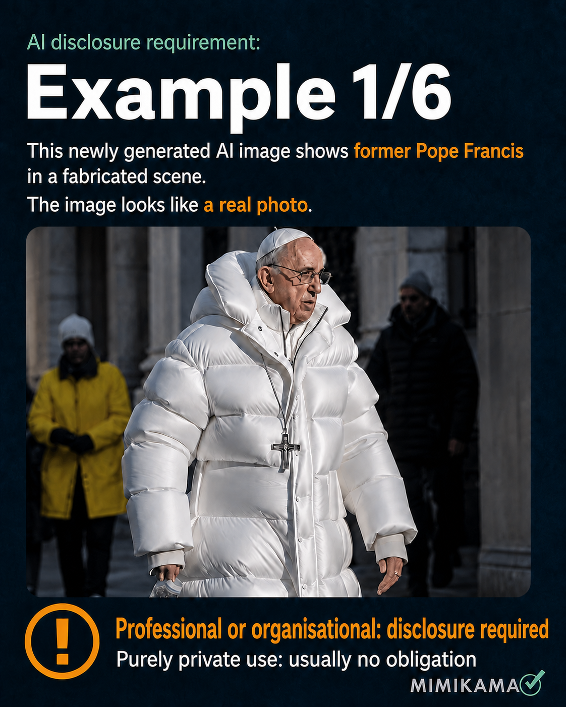 Newly generated AI image of former Pope Francis in a white puffer jacket, as an example of a real person in a fabricated scene.