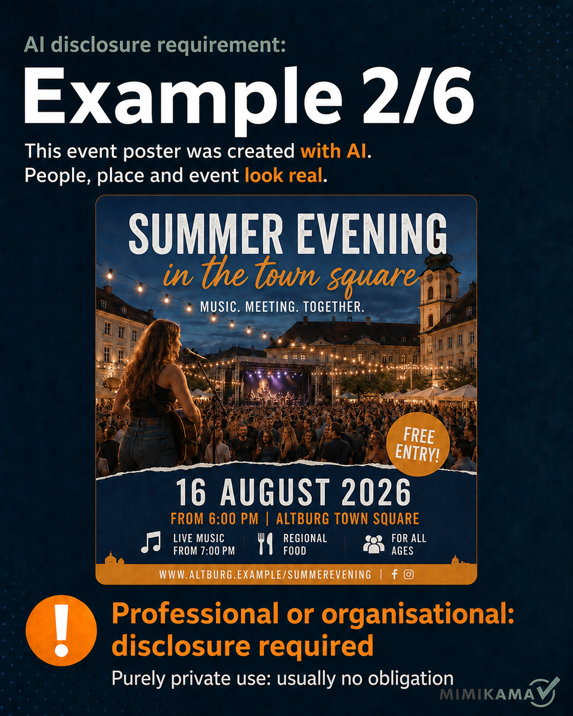 AI-generated event poster for an invented summer evening in a town square.
