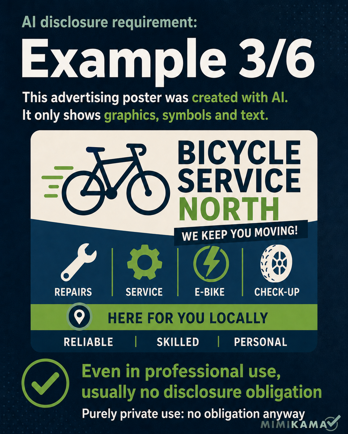 Graphic AI advertising poster for a bicycle service, with bicycle and tool symbols.