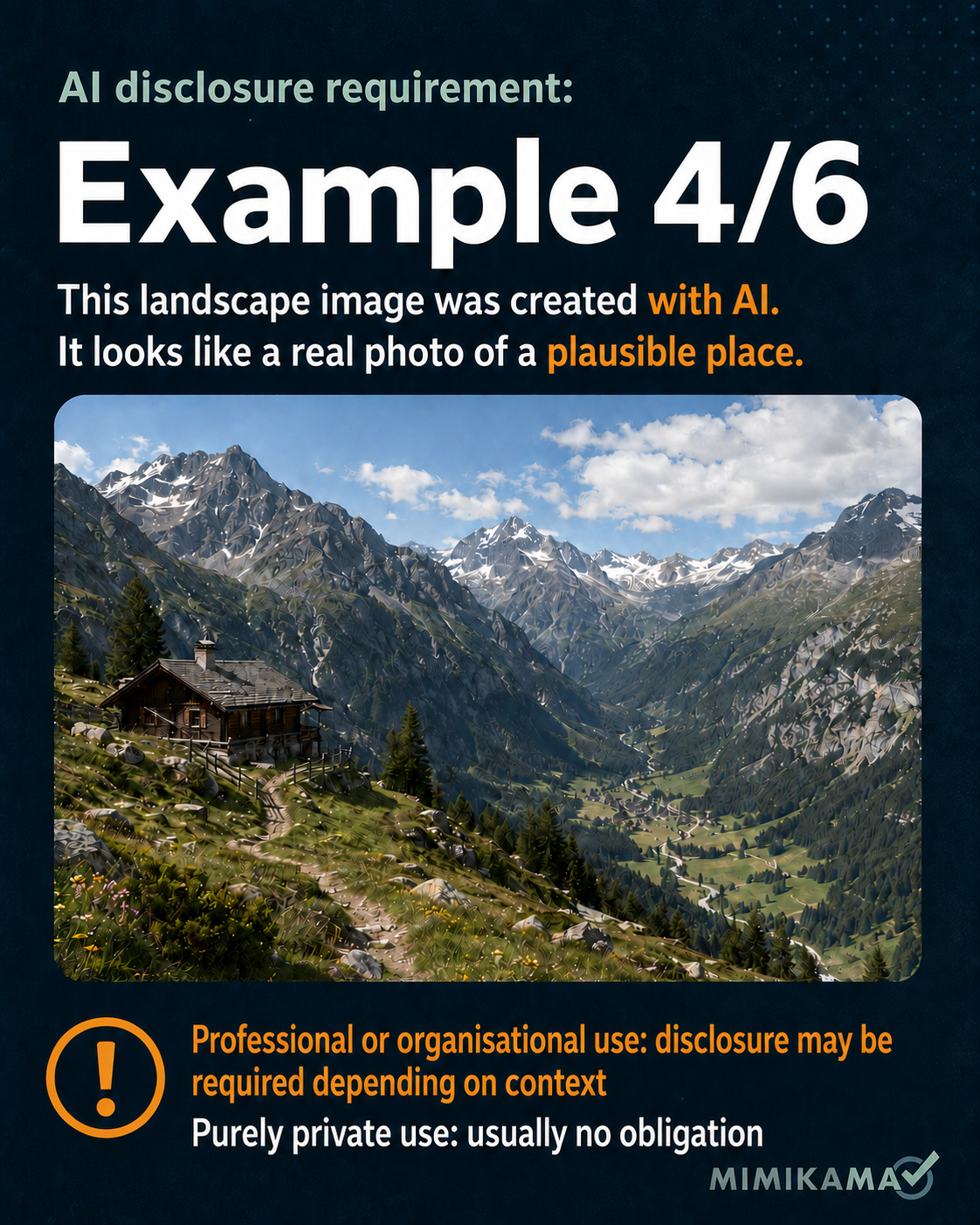 Photorealistic AI landscape with a mountain hut and an Alpine panorama, as an example of a plausible-looking place.