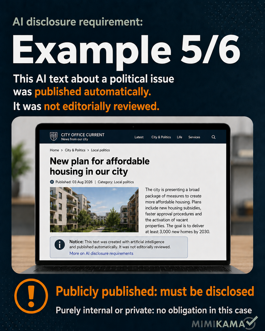 Mock-up of an automatically published AI article about municipal housing policy.